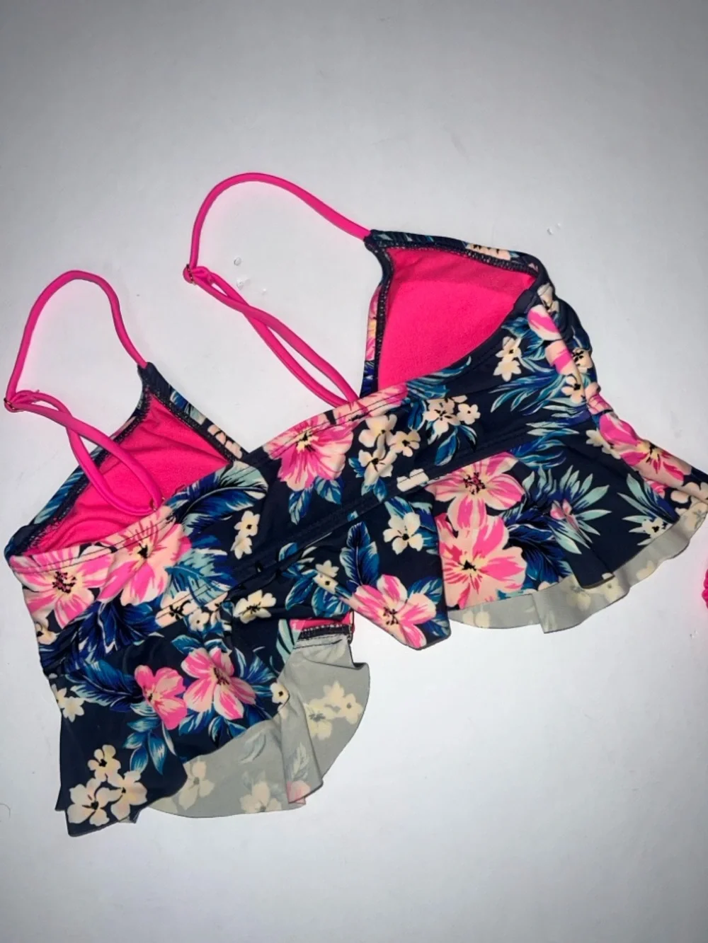 Arizona Jean Navy Floral Top with Hot Pink Bottoms Girls Swim Set size small